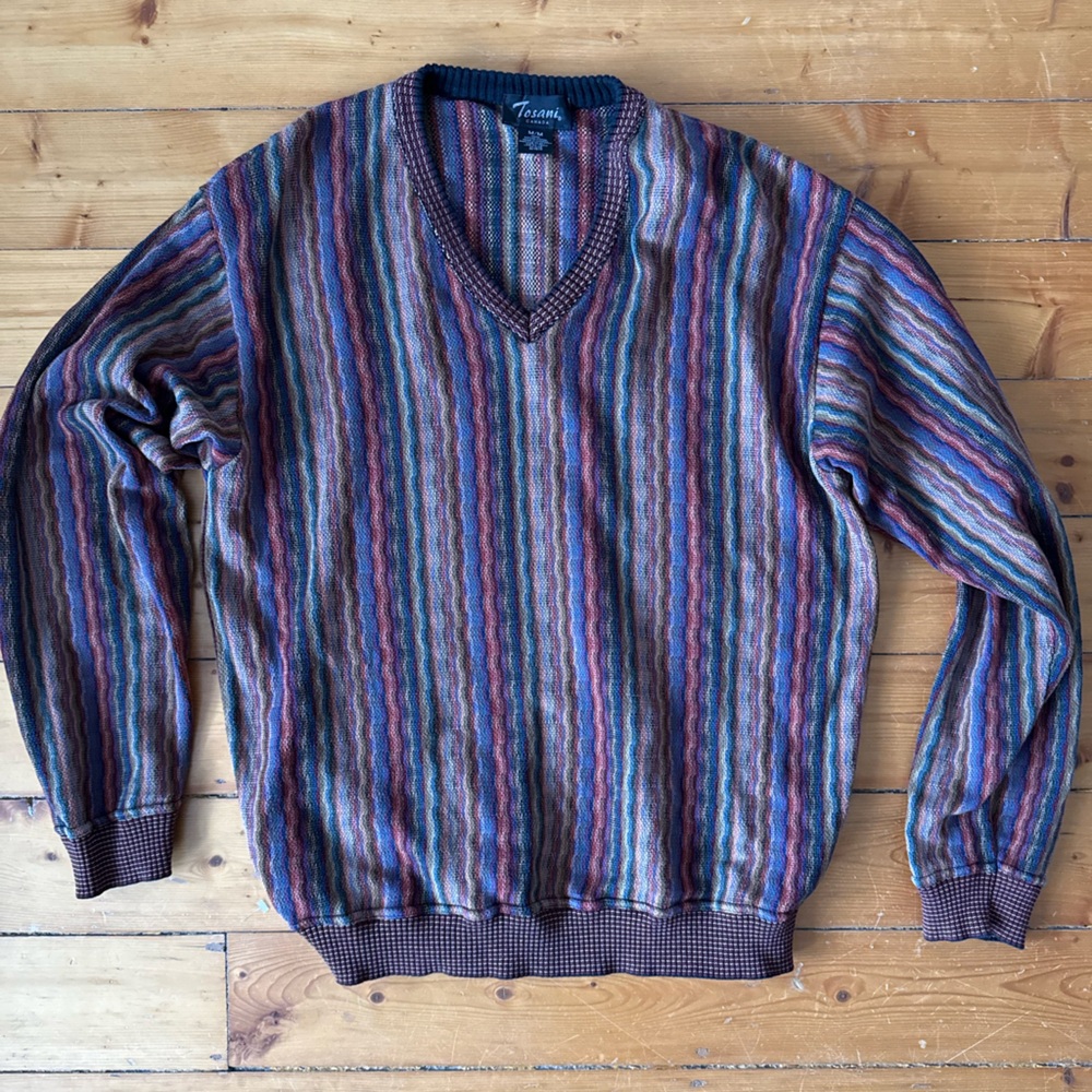 Tosani Coogi Styled Striped V-Neck Sweater - Made in Canada - Medium